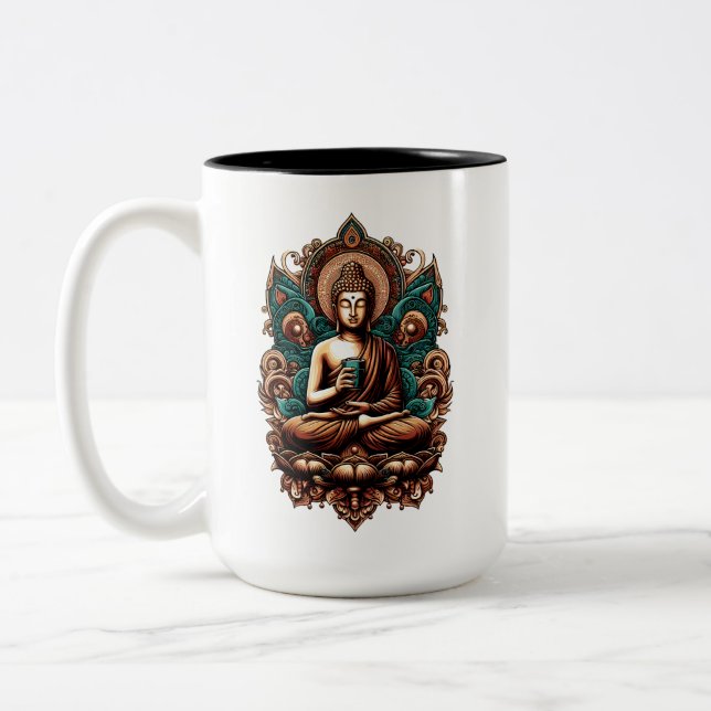 Serene Buddha, Coffee & Zen Sculpture Statue Two-Tone Coffee Mug (Left)