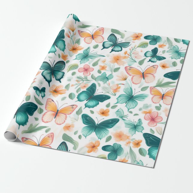 Serene Butterfly and Blossom Wrapping Paper (Unrolled)