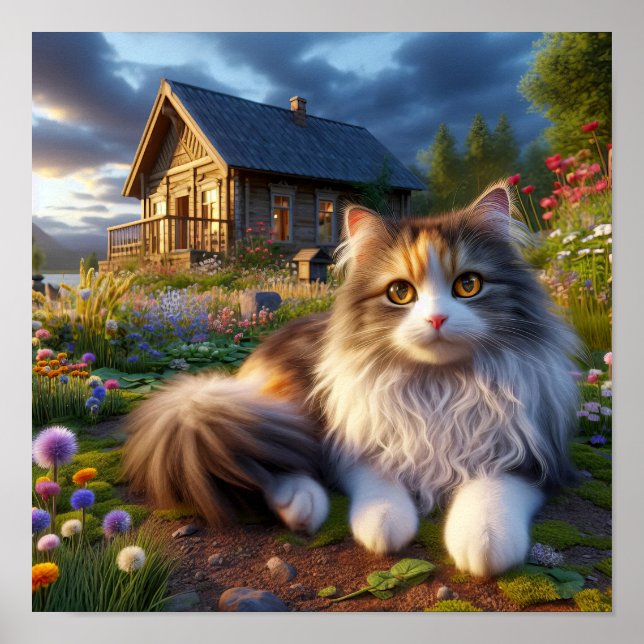 Serene Calico Cat in a Tranquil Countryside Poster (Front)