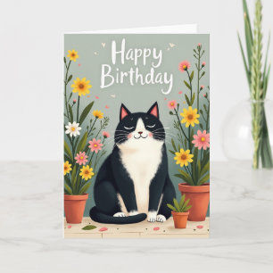Serene Cat Floral Birthday Card