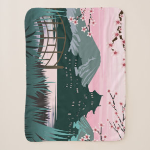 Serene Cherry Blossom Japanese Landscape Cozy Sherpa Blanket