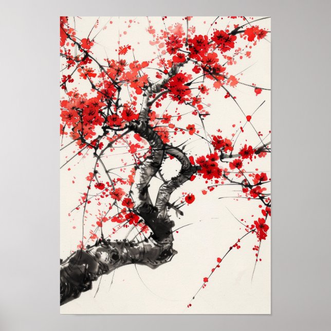 Serene Cherry Blossom Tree Chinese Ink Painting Po Poster (Front)