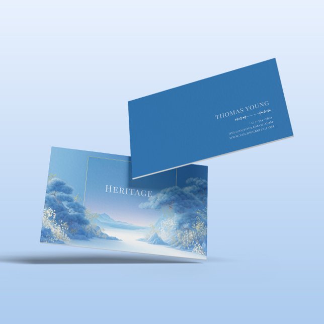 Serene Chinoiserie Winter Blue Pine Gold Frame Business Card (Creator Uploaded)