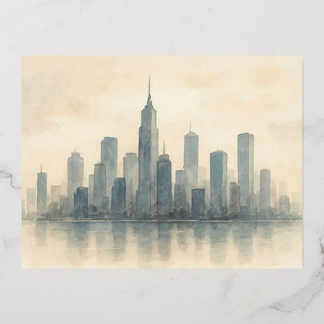Serene Cityscape Reflection Print, Modern Skyline Foil Holiday Postcard (Front)