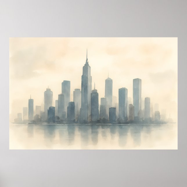 Serene Cityscape Reflection Print, Modern Skyline Poster (Front)