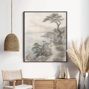 Serene Coastal Cliff Landscape Graphite Nature Poster