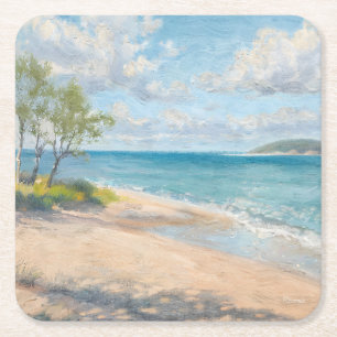 Serene Coastal Morning Impressionist Beach Art Square Paper Coaster