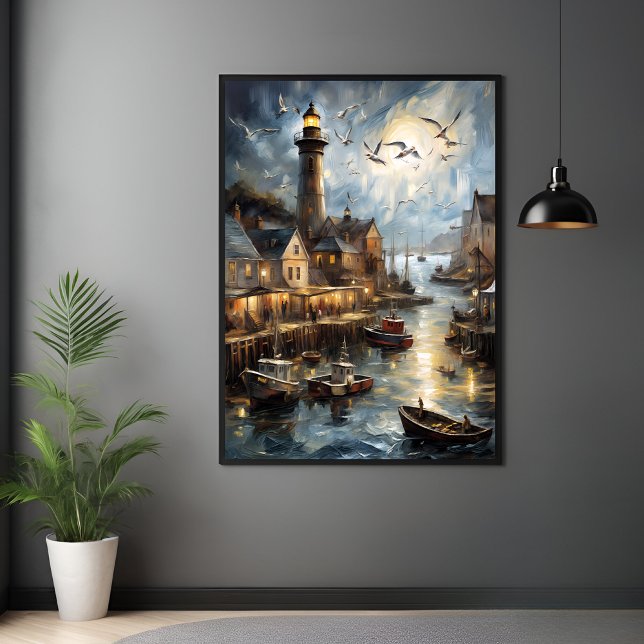 Serene Coastal Village at Dusk Nautical Harbour Ar Poster (Creator Uploaded)
