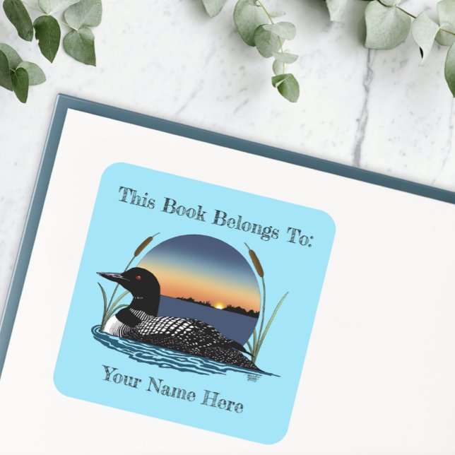 Serene Common Loon Sunset Blue Lake Bookplate Square Sticker (Creator Uploaded)