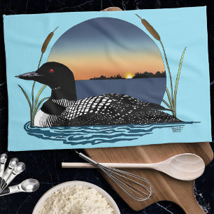 Serene Common Loon Sunset Blue Wildlife Lake Tea Towel