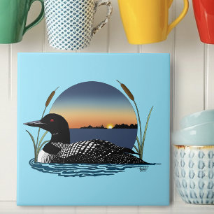 Serene Common Loon Sunset Blue Wildlife Lake Tile