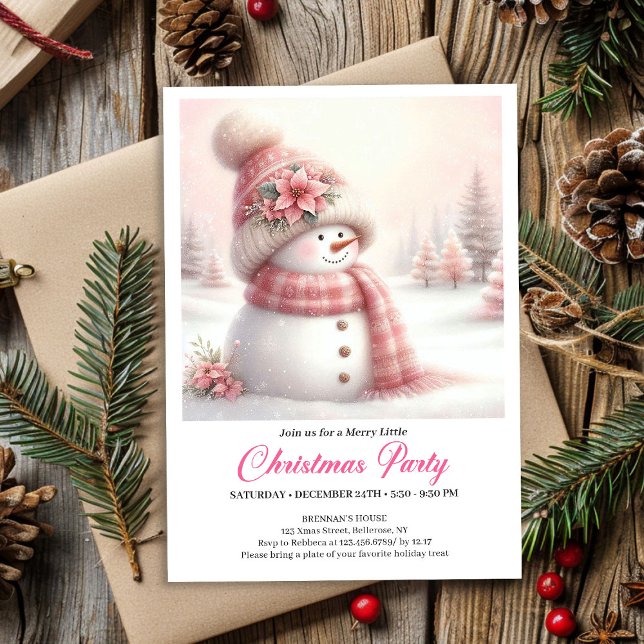 Serene Coquette Snowman Kids Christmas Invite  (Cute pink snowman Christmas invitation,
coquette snowman invitation  FOR CHILDREN,
Funny kids style )
