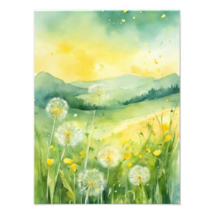 Serene Dandelion Field Watercolor Photo Print