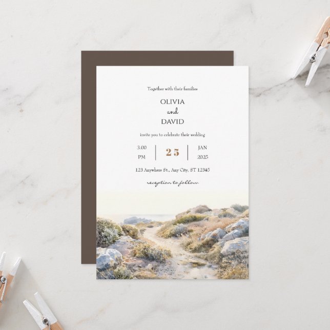 Serene Dawn Coastal Path Watercolor Beach Wedding  Invitation (Front/Back In Situ)