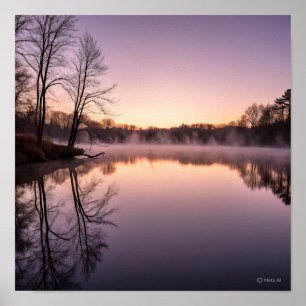 Serene Dawn Lake Scene with Misty Sunrise Poster