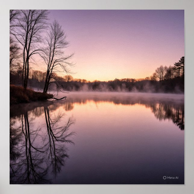 Serene Dawn Lake Scene with Misty Sunrise Poster (Front)