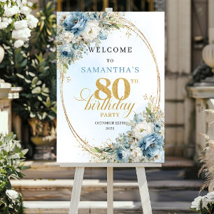 Serene dusty blue watercolor florals 80th birthday poster
