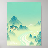 Serene Eastern Landscape - Minimalist Mountain Art