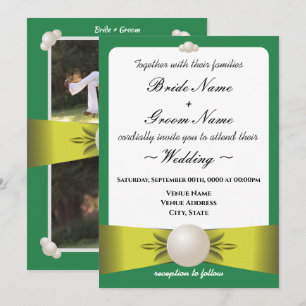Serene Emerald & Yellow Pearl Ribbon Photo Wedding Invitation