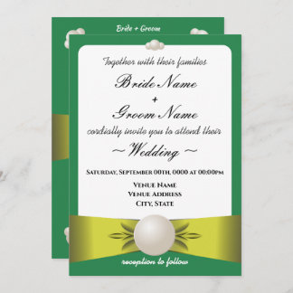 Serene Emerald & Yellow Pearl Ribbon Photo Wedding Invitation