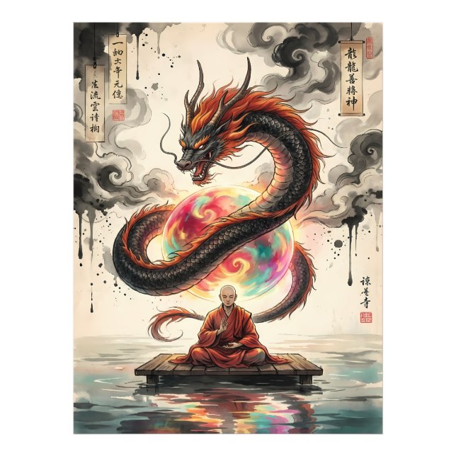 Serene Encounter: Monk and the Celestial Dragon Photo Print (Front)