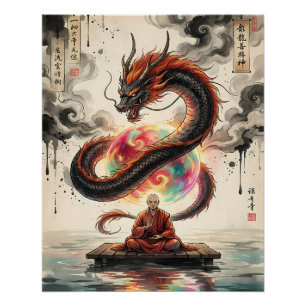 Serene Encounter: Monk and the Celestial Dragon Poster