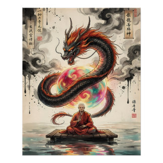 Serene Encounter: Monk and the Celestial Dragon Poster