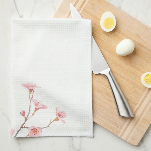 Serene Falling Cherry Blossom Soft Pink Minimalist Tea Towel (Quarter Fold)