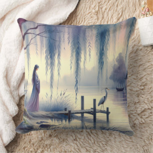Serene Fantasy Lake with Willow and Heron Cushion