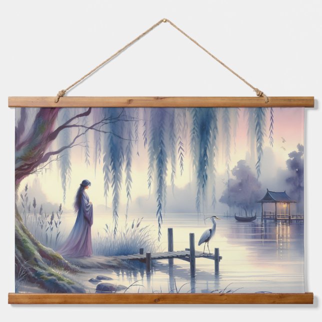 Serene Fantasy Lake with Willow and Heron Hanging Tapestry (Front)