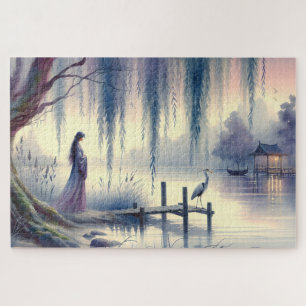 Serene Fantasy Lake with Willow and Heron Jigsaw Puzzle