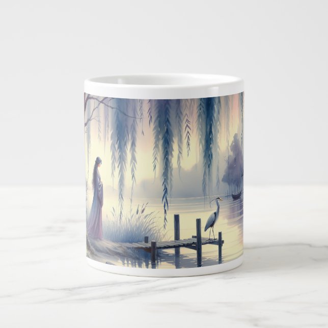 Serene Fantasy Lake with Willow and Heron Large Coffee Mug (Front)
