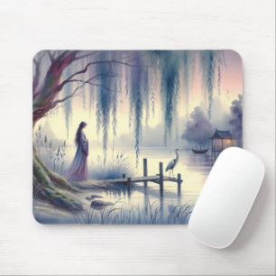Serene Fantasy Lake with Willow and Heron Mouse Mat