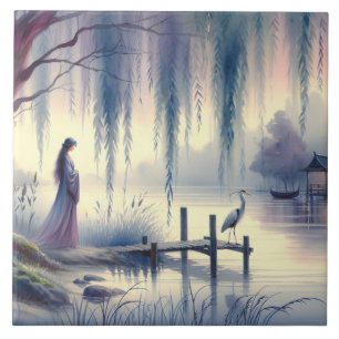 Serene Fantasy Lake with Willow and Heron Tile