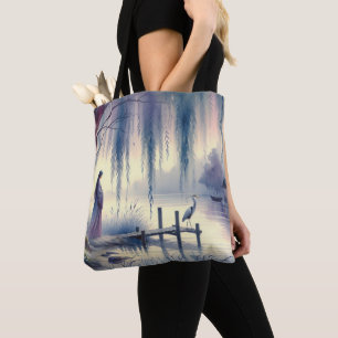 Serene Fantasy Lake with Willow and Heron Tote Bag