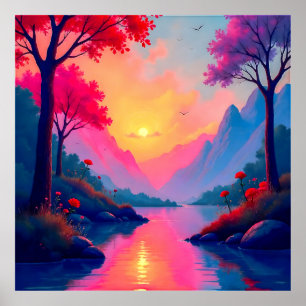 Serene Fantasy Sunset River Mountain Landscape Poster