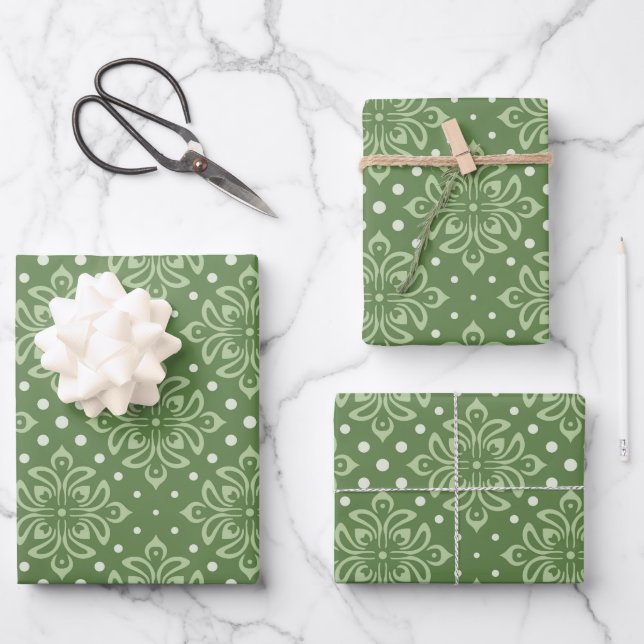 Serene Floral Pattern on Green Background Wrapping Paper Sheet (Front)