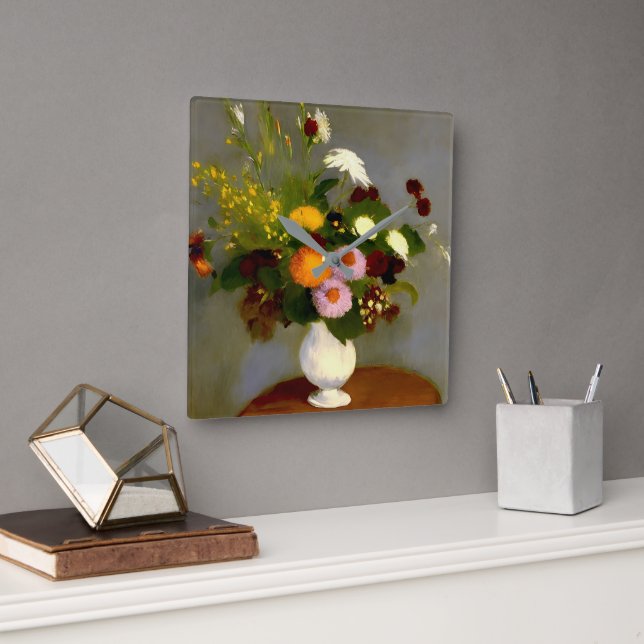 Serene Floral Still Life Print Square Wall Clock (Office)