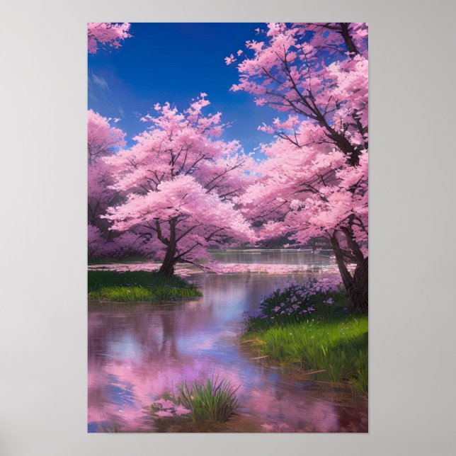 Serene Flow amidst Cherry Blossoms Poster (Front)