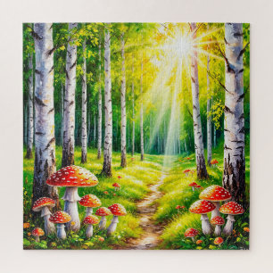 Serene Forest Pathway With Sunlit Birch Trees Jigsaw Puzzle