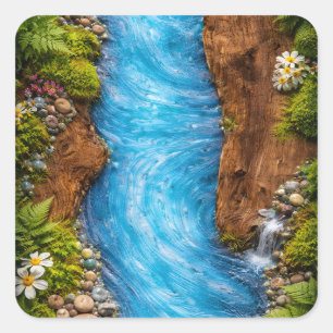 Serene Forest Stream Tranquil Nature Water Art Square Sticker