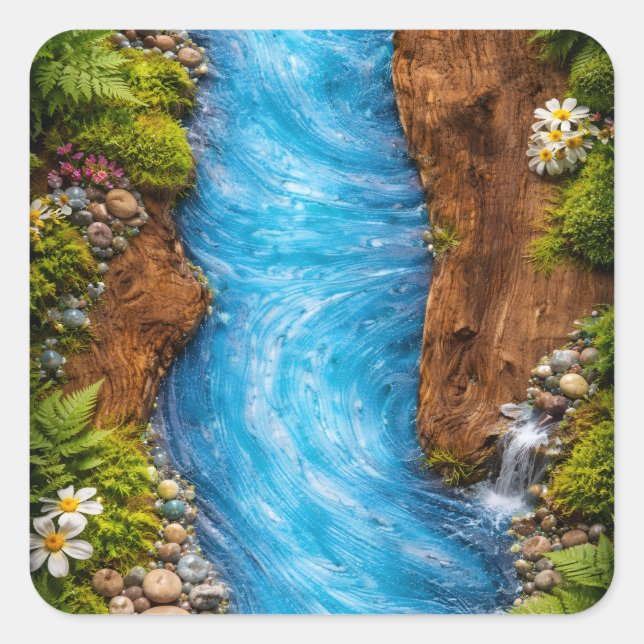 Serene Forest Stream Tranquil Nature Water Art Square Sticker (Front)