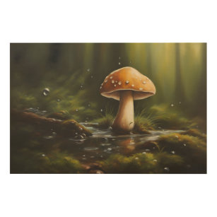 Serene Forest with Mushroom in Rain, Wood Wall Art