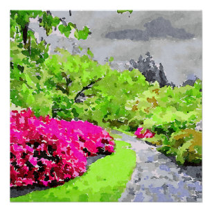 Serene garden path with vibrant pink flowers poster