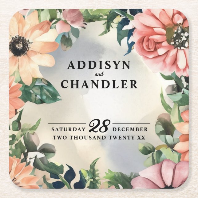 Serene Garden Wreath: Pastel Floral Elegance Square Paper Coaster (Front)