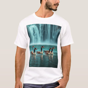 "Serene Geese Family by the Waterfall – Nature-Ins T-Shirt