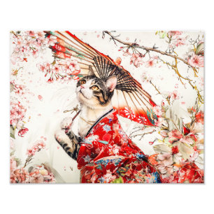 Serene Geisha Cat in Red Kimono and Cherry Blossom Photo Print