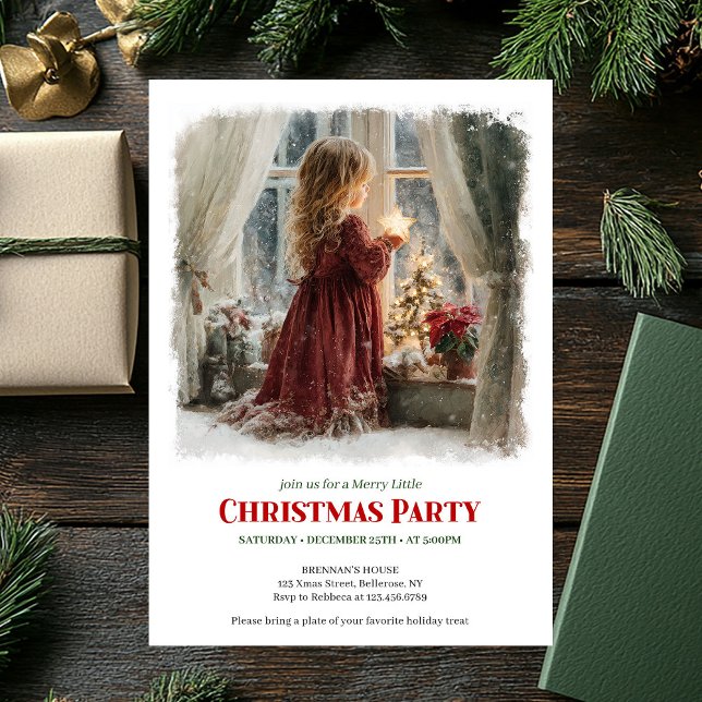 Serene girl awaits Santa editable Christmas invite (Serene girl awaits Santa editable Christmas invitation)