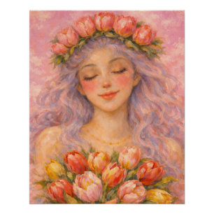 Serene Girl with Pink Tulips Poster