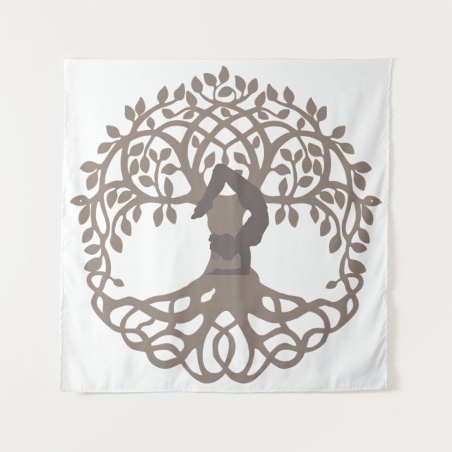 Serene Gray and white Yoga Pose by Tree of Life Tapestry (Front)